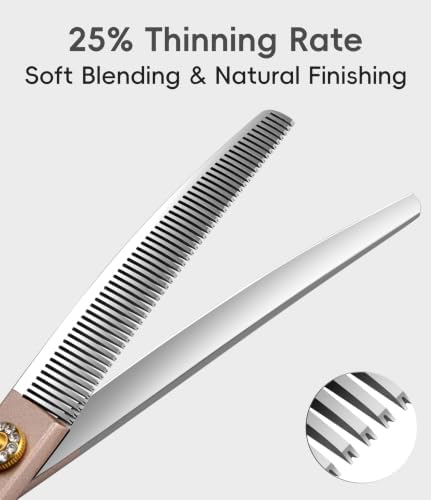 Professional Curved Thinner Dog Grooming Scissors 7.0'' Rose Gold Thinning Shears Extremely Sharp Blades 440C Stainless Steel Thinning Shears Durable Smooth Fine Cut for Dogs and Cats.