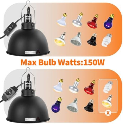8.5 Inch Reptile Light Fixture with Dimming/Separate Switches, 2 Packs Deep Dome Lamp Cap Reflector Cover, UVB Light Heat Lamp Fixture for Reptile Glass Terrariums, Max 150W Black