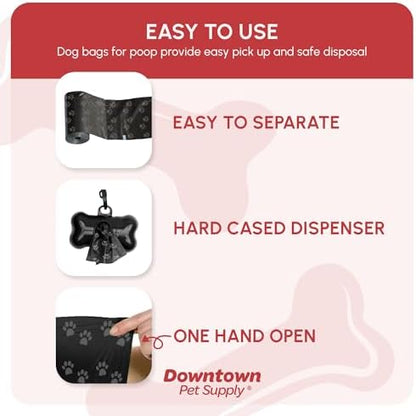 Downtown Pet Supply Poop Bags for Dogs with Dispenser, 180 Count - Leak-Proof Dog Waste Bags and Bone-Shaped Dog Poop Bags Holder for Leash - Black with Paw Prints, 12.5" x 8.5"