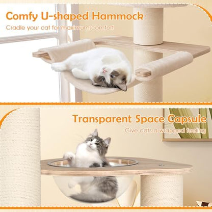 PETSITE 69 Inch Tall Wood Cat Tree, Multi-Level Modern Cat Tower with 5.7 inch Scratching Posts, Double Cat Condos, Space Capsule, Hammock, Large Wooden Cat Tree Tower for Indoor Cats, Natural