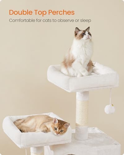 Feandrea Cat Tree, 45.3-Inch Cute Cat Tower, Plush Climbing Condo, White