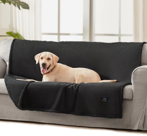 Luciphia Waterproof Bed Blanket Washable,Soft Sherpa Fleece Puppy Reversible Throw Blankets for Medium Large Dog Cat,Furniture Cover Protector Couch Bed from Liquid Pee and Pet Fur, Black,65" x 57"