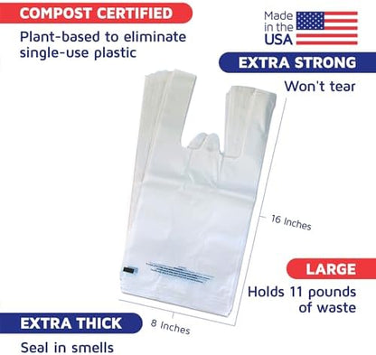 Cat Litter Bags, Plant-Based by Americat – 50 Bags for Scooped Litter, Pee & Poop from Cat Litter Boxes – Compost Certified – Holds 11 Pounds of Waste – Durable, Unscented, With Handles (16” x 8”)
