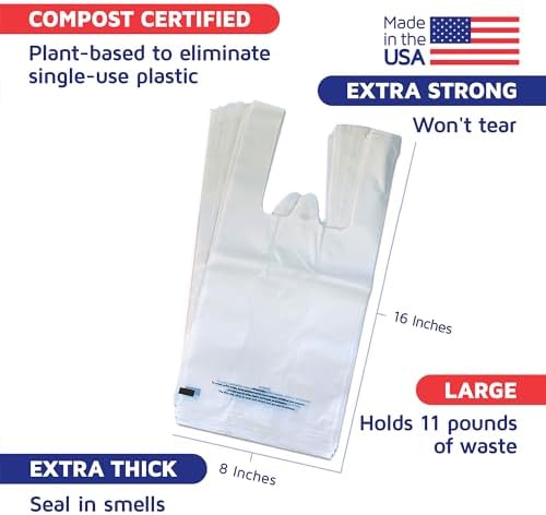Cat Litter Bags, Plant-Based by Americat – 50 Bags for Scooped Litter, Pee & Poop from Cat Litter Boxes – Compost Certified – Holds 11 Pounds of Waste – Durable, Unscented, With Handles (16” x 8”)