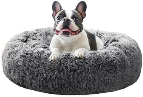 JOLLYVOGUE Calming Dog Beds Large Sized Dog, 36in Donut Washable Large Pet Bed, Anti-Slip & Anti-Anxiety Fluffy Faux Fur Round Dogs Bed, Fits up to 80 lbs Pets (Smoke Black)