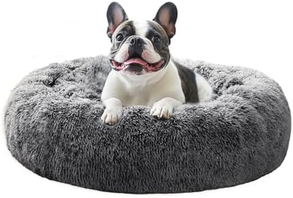 JOLLYVOGUE Calming Dog Beds Large Sized Dog, 36in Donut Washable Large Pet Bed, Anti-Slip & Anti-Anxiety Fluffy Faux Fur Round Dogs Bed, Fits up to 80 lbs Pets (Smoke Black)