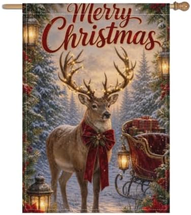 Christmas Reindeer House Flag 28x40 Inch Merry Holiday Deer Lighted Antlers Sleigh Gifts Lantern Snowy Forest Rustic Outdoor Yard Lawn Porch Double Sided Banner Welcome Decor