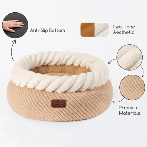 Hollypet Round Cat Bed Small Dog Beds with Detachable Cushion, Oatmeal