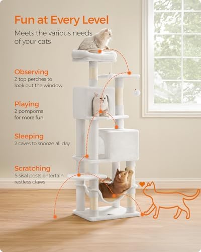 Feandrea Cat Tree, 59.5-Inch Tall Cat Tower, Multi-Level Condo, Cream White