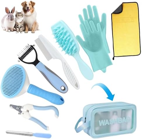 Aglads 8PCS Cat Rabbit Bunny Dog Grooming Kit,Self-Cleaning Brush,Nail Clipper,Grooming Glove,Massage Brush,Flea Comb,Towel&Travel Bag,Complete Grooming Tools for Long&Short Haired Pets(8, blue)