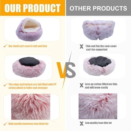 ZaneSun Calming Dog Bed & Cat Cave with Hooded Cover, Plush Fluffy Anti-Anxiety Cat Bed, Waterproof Bottom Washable (Pink, 25.6X25.6inch)