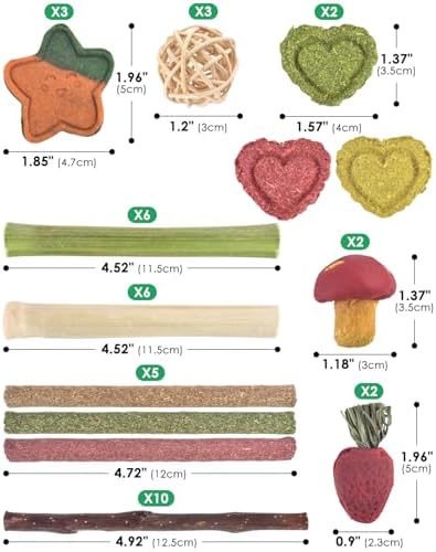 ERKOON 53 Bunny Chew Toys for Rabbits Teeth, Natural Rabbit Toys Apple Wood Sticks, Carrot, Timothy Grass for Small Pets, Hamster, Chinchilla, Guinea Pig Dental Care and Treat Teething(53)