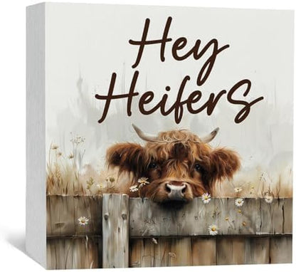 Highland Cow Sign - Farmhouse Western Animal Office Kitchen Bedroom Decor,Rustic Farm Hey Heifers Home Decor Signs,highland Cow Gifts For Women,6x6 Inch