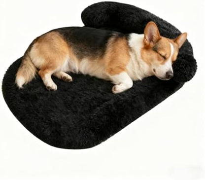 Orthopedic Dog Bed with Egg-Crate Base, Calming Dog Beds Fluffy Plush Faux Fur with Raised Edges, Spine Friendly Pet Sleeping Mat for Medium Large Dogs, Machine Washable (Oval, Black 32"x24")