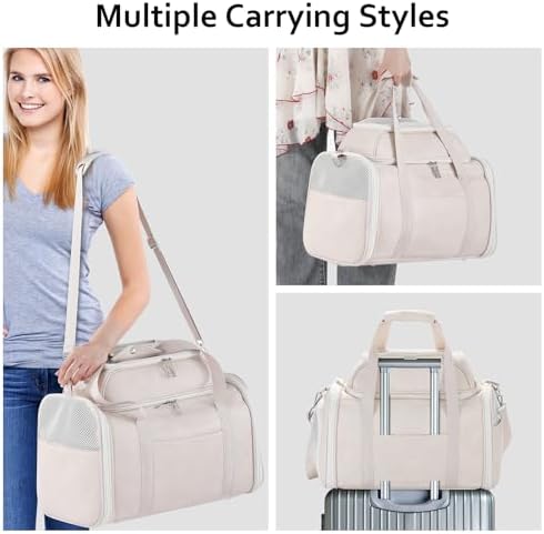 Premium Leather Top Expandable Pet Carrier for Small Dogs & Cats Under 15 lbs, Airline Approved Collapsible Soft-Sided Luxury Travel Bag Beige