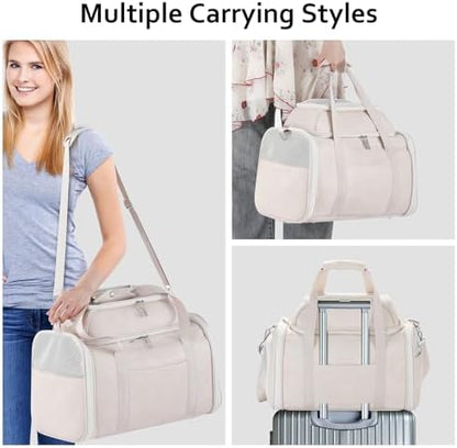 Premium Leather Top Expandable Pet Carrier for Small Dogs & Cats Under 15 lbs, Airline Approved Collapsible Soft-Sided Luxury Travel Bag Beige