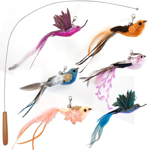 miwoowim 35" Steel Wire Cat Wand Toy & 6PCS Realistic Feather Bird Refills