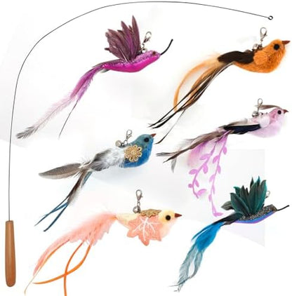 miwoowim 35" Steel Wire Cat Wand Toy & 6PCS Realistic Feather Bird Refills