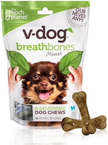 V-dog Dog Treats - Vegan Breathbone Teeth Cleaning Dental Bones - Fresh Breath - 8 Ounces - Minis - All Natural, Made in USA - 10 Bones - 3" Long - Easy to Digest