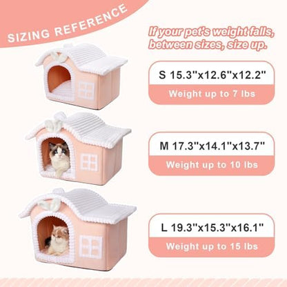 Jiupety Rabbit Cat Houses for Indoor Cats, Chimney Cute Cat Bed Cave, Enough Interior Space, Cartoon Soft Pet House Up to 3-10 lbs Kitten, Pink