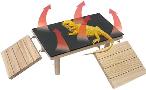Bearded Dragon Basking Platform with Climbing Ramp,Reptile Basking Rock Slate,Wooden Platform Hide Cave Tank Accessories for Lizard Tortoise Leopard Gecko Snake (M)