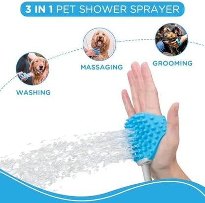 Aquapaw Dog Bath Brush & Sprayer - Hands-Free Shower Scrubber - Adjustable Sprayer & Shower Hose Attachment - Silicone Massage Brush for Dog Grooming Supplies - Original, Blue