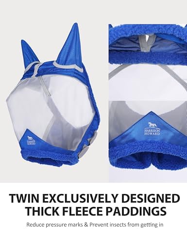 Harrison Howard CareMaster Horse Fly Mask UV Protective Fine Mesh with Extra Wool Soft Touch on Skin Champion Blue-Silver L
