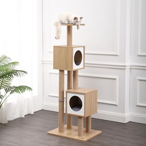 CTR1011A Sawyer 56" 3-Tier Minimalist Jute Cat Tree Condo with Scratching Posts, and Fuzzy Toy, Brown/White