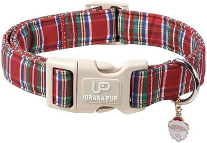 Christmas Plaid Dog Collar, Red and Blue Check Adjustable Pet Collar with Quick Release, Christmas Stripes Collar for Small Medium Large Dogs S