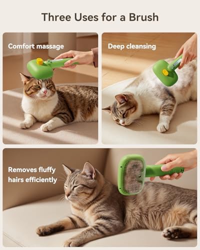 ROJECO 3-in-1 Pet Steam Brush,Spray Hair Removal Detangling Comb,Green