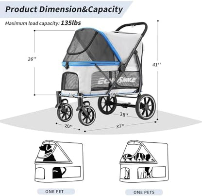 EchoSmile Dog Stroller for Large Dogs, 135lbs Weight Extra Large Pet Stroller, 4 Wheels Cats & Dogs Carrier with Brakes, Breathable Mesh Windows & Pocket, Blue