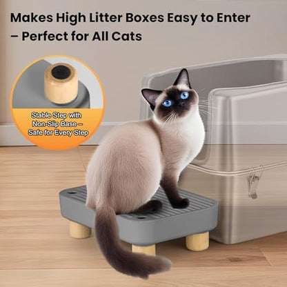 Litter Box Step, Litter Box Ramp/Catcher with Wooden Base, Anti-Tracking & Easy to Clean, Ideal for Small & Elderly Cats 11.8"x7.9"x3.6" (Dark Gray)