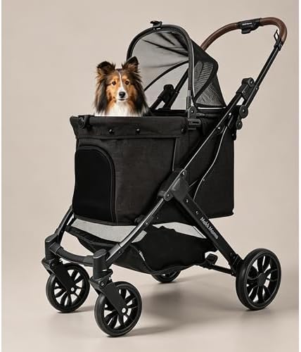 Pet Stroller for Small Medium Dogs Cats, Dog Stroller 4-Wheel Pet Strollers for Medium Dogs Up to 45lbs, Storage Basket, Sun Shades & Waterproof Fabric, Black