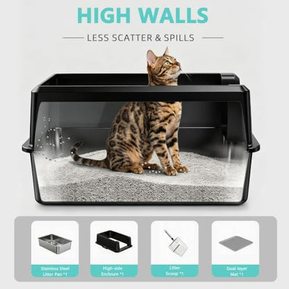WoofiGo XL Stainless Steel Litter Box, High Sided Litter Pan for Big Cats