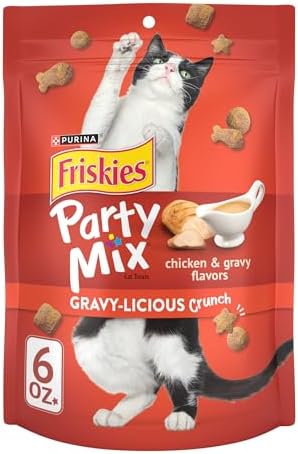Friskies Purina Made in USA Facilities Cat Treats, Party Mix Crunch Gravylicious Chicken & Gravy Flavors - (6) 6 oz. Pouches
