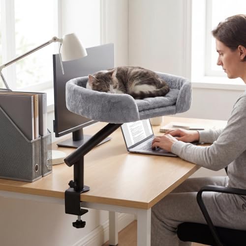 Clamp-On Desk Cat Bed, 16"x12" Cat Spacious Nest, Gray