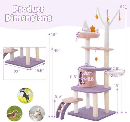 PETSITE Star and Moon-Themed Cat Tree Tower, Multi-Level Modern Cat Tower with Sisal Scratching Posts, Cat Condo, Side Hammock, Hanging Dangling Toys, Cute Cat Tree for Indoor Cats (62 Inch Tall)
