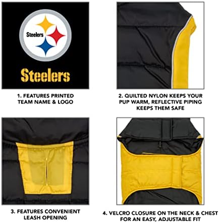 NFL Pittsburgh Steelers Puffer Vest for Dogs & Cats, Size Medium. Warm, Cozy, and Waterproof Dog Coat, for Small and Large Dogs/Cats. Best NFL Licensed PET Warming Sports Jacket