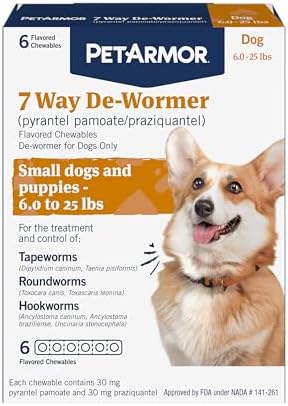 PetArmor 7 Way De-Wormer for Dogs, Oral Treatment for Tapeworm, Roundworm & Hookworm, Small Dog Dewormer (6-25 lbs) with Praziquantel & Pyrantel Pamoate, 6 Flavored Chewables