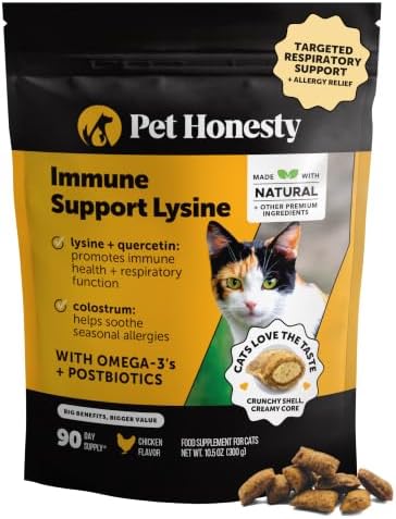 Cat Immune Support Lysine – Allergy Relief & Immune Health Supplement for Cats with L-Lysine, Colostrum, Quercetin & Omega-3 – Soothes Sneezing, Runny Nose & Itchy Skin Chicken, (90-Day Supply)