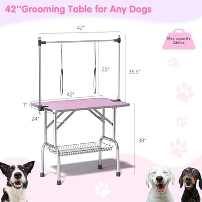 Lyromix 42'' Stainless Steel Pet Dog Grooming Table, Arm/Noose/Tray, Pink