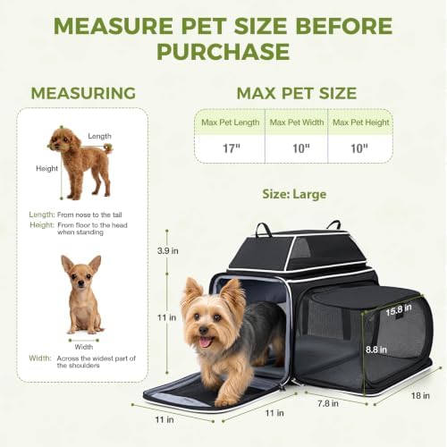 Lekereise Top and Side Expandable Pet Carrier 18x11x11Inch Delta American United Airline Approved Soft Sided Underseat Travel Carriers for Small Dogs Cats with Locking Safety Zippers Anti-Scratch Mesh