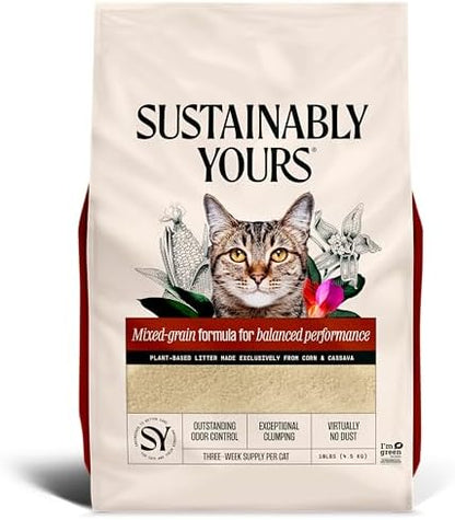 Sustainably Yours Natural Cat Litter, Mixed-Grain Formula, Exceptional Clumping & Odor Control, Virtually No Dust, Easy to Scoop, Corn & Cassava Plant-Based, Unscented, 10 lbs (Pack of 2)
