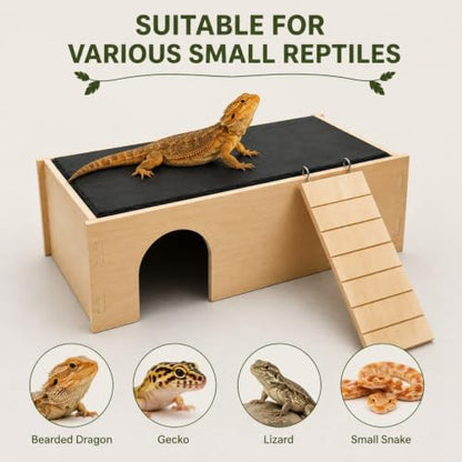 2-in-1 Reptile Basking Platform with Slate Rock Surface and Removable Climbing Ladder, Bearded Dragon Hideout Cave and Sunbathing Ledge for Leopard Geckos, Lizards, Small Snakes, Tortoises