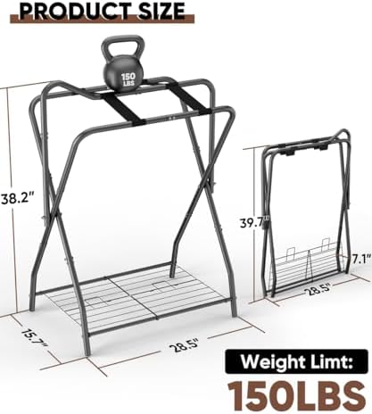 Queension Foldable Saddle Rack with Bottom Storage for Horse Stable, Black