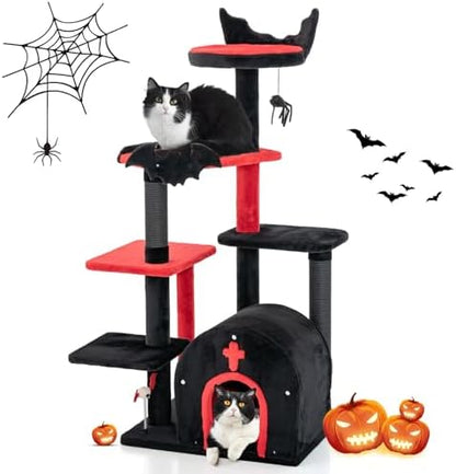 Tangkula Gothic Cat Tree, 53 Inch Black Cat Tower with Coffin Bed, Condo, Scratching Posts, Spider Pompom & Spring Balls, Halloween Pet Furniture, Spooky Goth Cat Tree for Indoor Cats