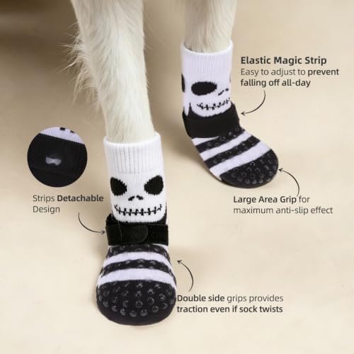 PUPTECK Anti-Slip Dog Socks with Double Sides Grips for Small Medium Large Dogs Hardwood Floors Prevents Licking, Dog Shoes for Hot Pavement Traction Control for Senior Dogs, Halloween Black L