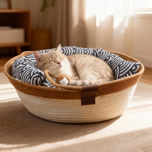 Instinct Basket,Stimulicat Cat Bed,Stimulicat Cat Bed Rope Cotton with Cushion,Eliminates Bed Rejection Round Pet Basket,Boho Catbed for Cats Handwoven Scratchable Breathable Weave (White, Large-A)
