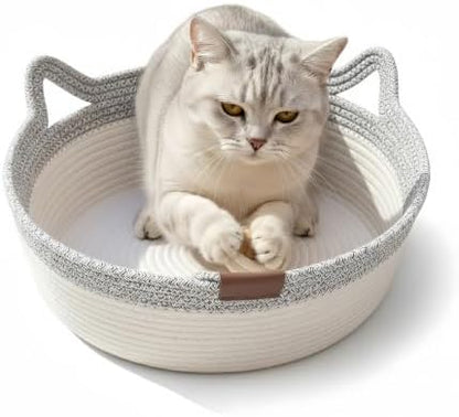 Instinct Basket for Cats - Handwoven Cotton Rope Enrichment Bed with Attached Toy Tail, Scratchable Interactive Pet Nest Features Flexible Walls to Fight Boredom & Protect Furniture (Gray, S)