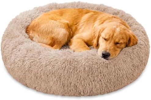 JOLLYVOGUE Calming Washable Dog Beds Large Sized Dog, 36inch Donut Large Dog Bed with Removable Cover, Anti-Slip Round Fluffy Faux Fur Bed, Fits up to 80 lbs Pets, Camel